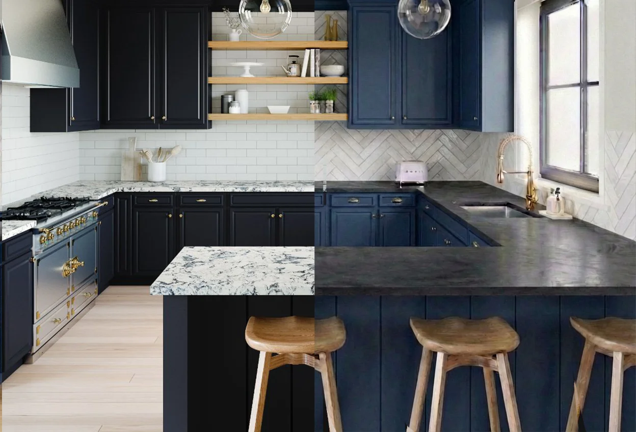 AI kitchen design visualizer comparing navy blue cabinets with marble and concrete countertop options - JEM Designs