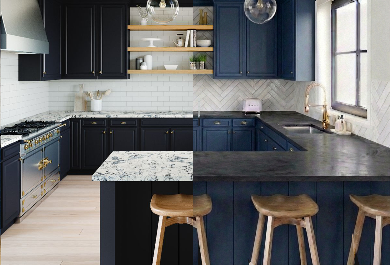 AI kitchen design visualizer comparing navy blue cabinets with marble and concrete countertop options - JEM Designs
